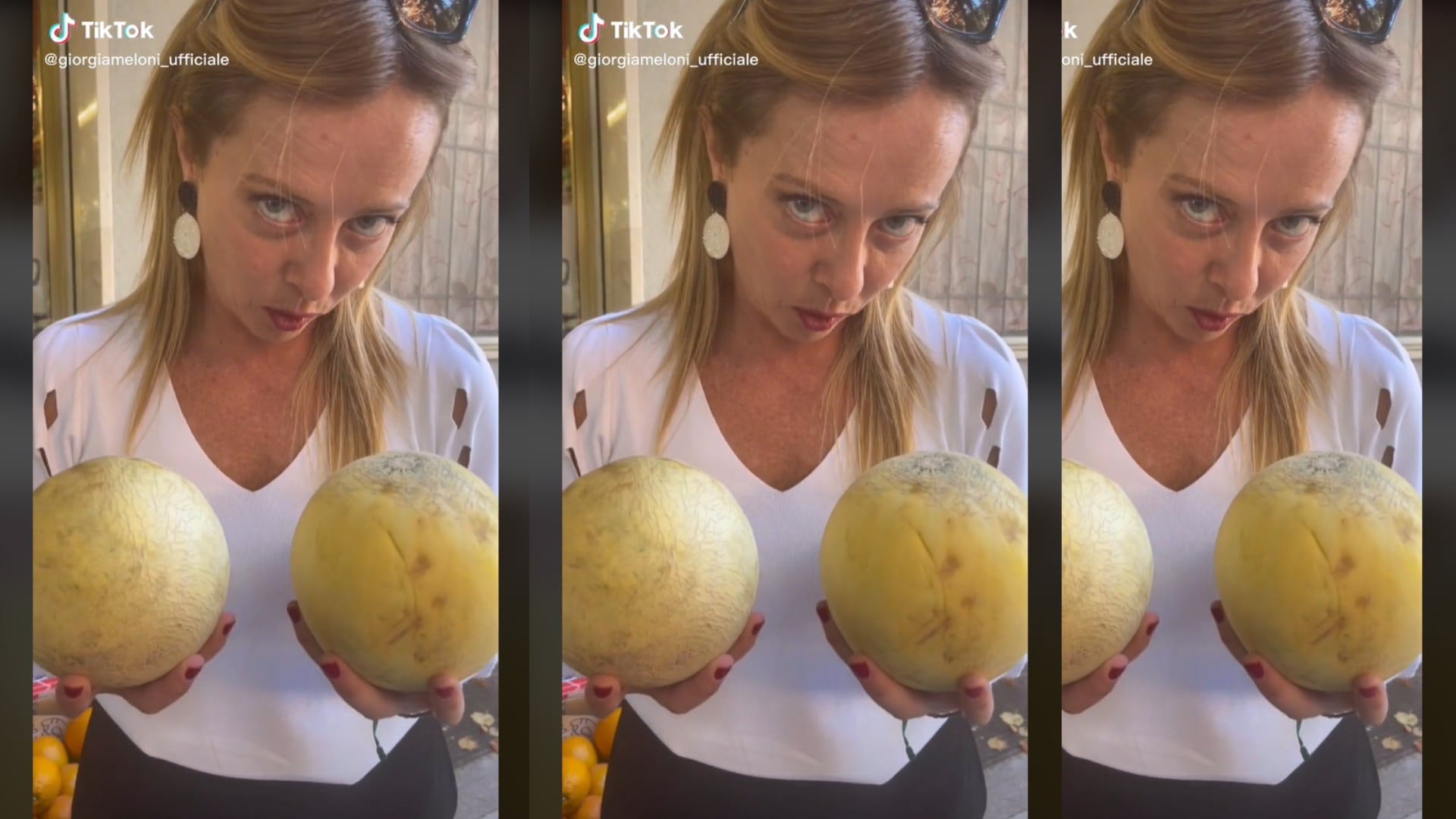 La líder de Hermanos de Italia, Giorgia Meloni, con dos melones en un vídeo publicado en su cuenta de TikTok