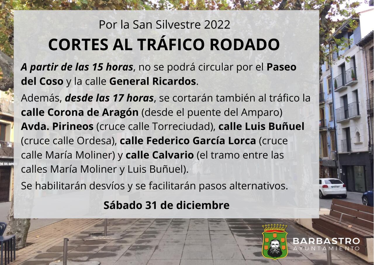 cortes en las calles de Barbastro por la Carrera San Silvestre 2022