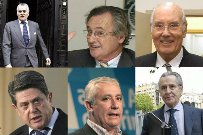 De izquierda a derecha, Luis Bárcenas, Ignacio López del Hierro, Romay Becaría, Federico Trillo, Javier Arenas y Miguel Blesa