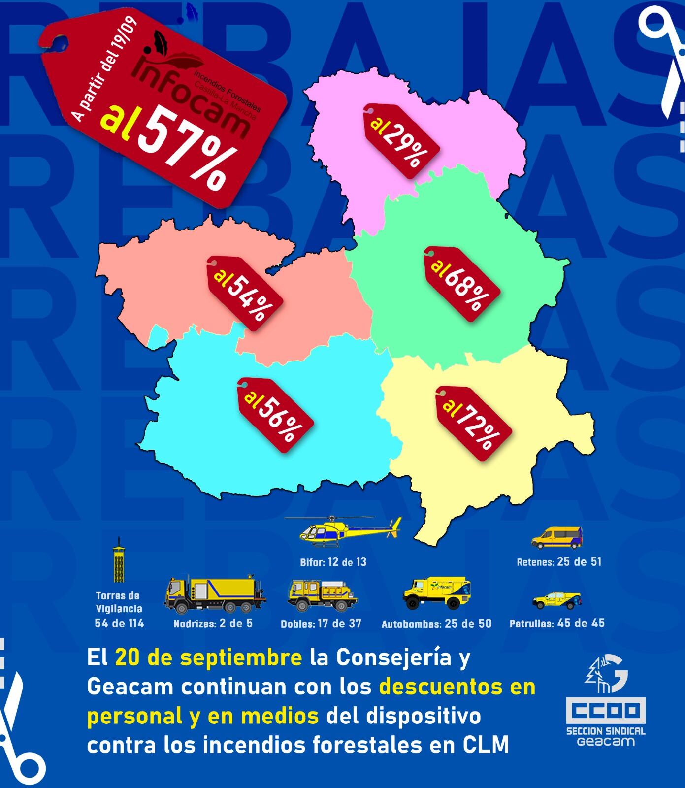 Reducción por provincia de efectivos contra incendios, según CCOO