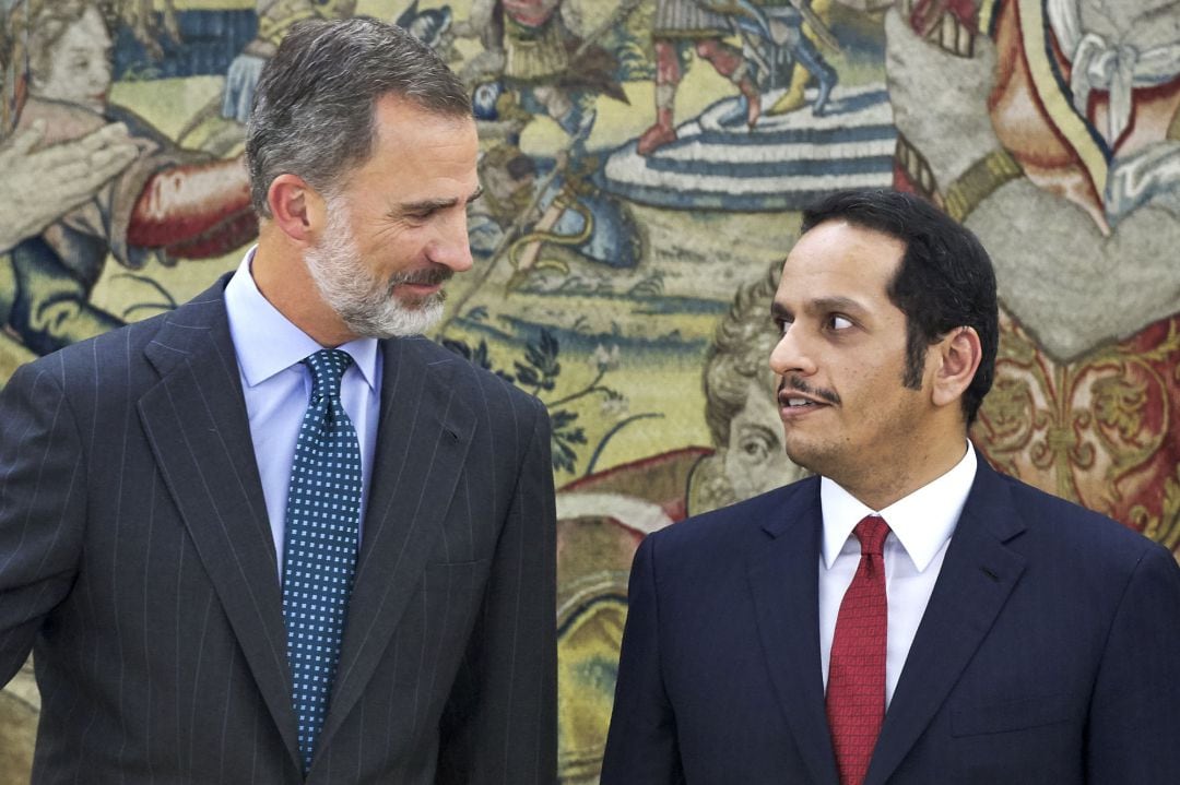 MADRID, SPAIN - SEPTEMBER 13:  King Felipe VI of Spain (L) receives Qatari Foreign Minister Mohammed bin Abdulrahman Al-Thani (R) prior to a meeting at the Zarzuela Palace on September 13, 2018 in Madrid, Spain.  