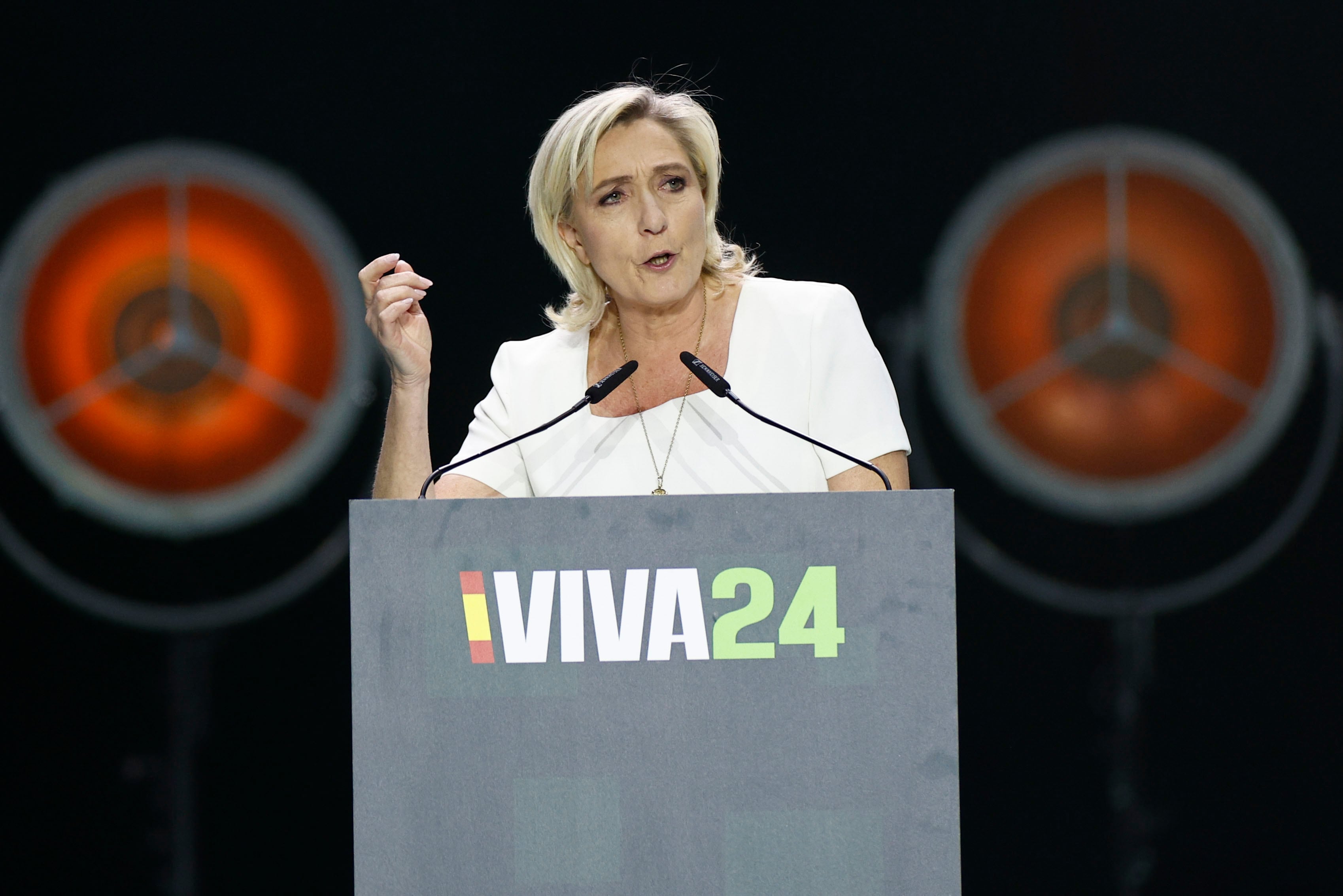 MADRID, 19/05/2024.- La candidata a la presidencia de Francia y líder de Rassemblement National, Marine Le Pen, durante su intervención en la convención política de Vox &quot;Europa Viva 24&quot; que se celebra este domingo en el Palacio de Vistalegre, en Madrid. EFE/Rodrigo Jiménez
