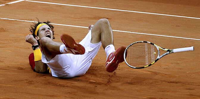 Nadal se tira a la tierra de La Cartuja para celebrar su triunfo ante Del Potro