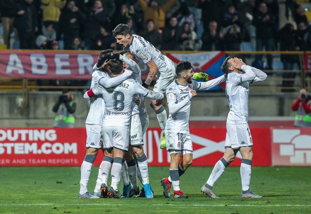 LEON, SPAIN - JANUARY 23: Julen Castaneda of Cultural Leonesa, Sergio Benito of Cultural Leonesa,Gabriel Gudino of Cultural Leonesa and Dionisio Emanuel Villalba "Dioni" of Cultural Leonesa celebrates a goal during Copa del Rey football match played between Cultural Leonesa and Atletico de Madrid at Reino de Leon stadium on January 23, 2020 in Leon, Spain.
