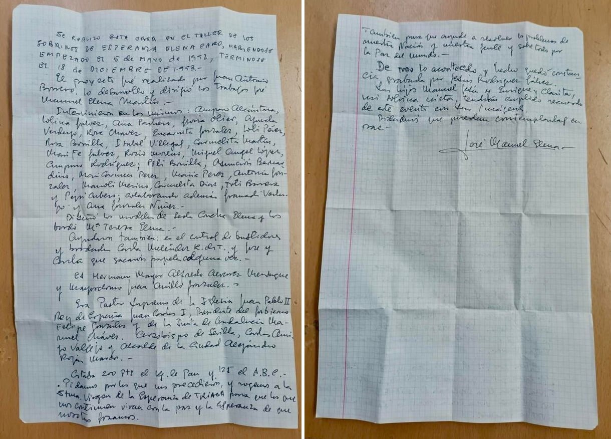 Documento encontrado en el manto de Juan Borrero parea la Esperanza de Triana