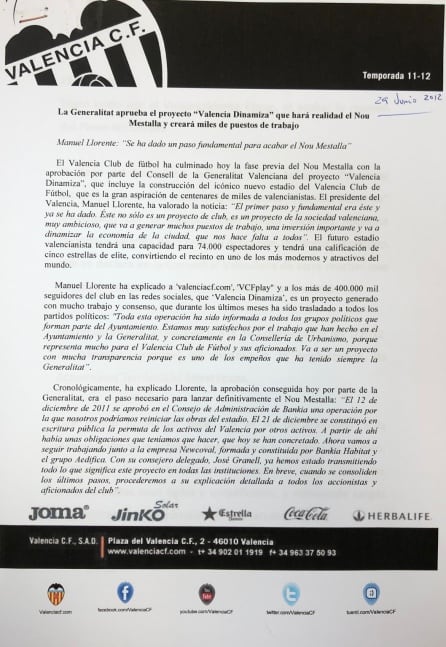 Nota de prensa oficial del Valencia (junio de 2012)