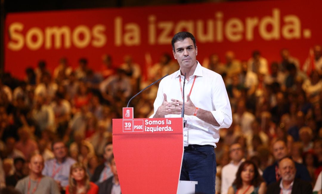 El secretario general del PSOE Pedro Sánchez interviene en el 39 Congreso Federal celebrado en Madrid en junio de 2017