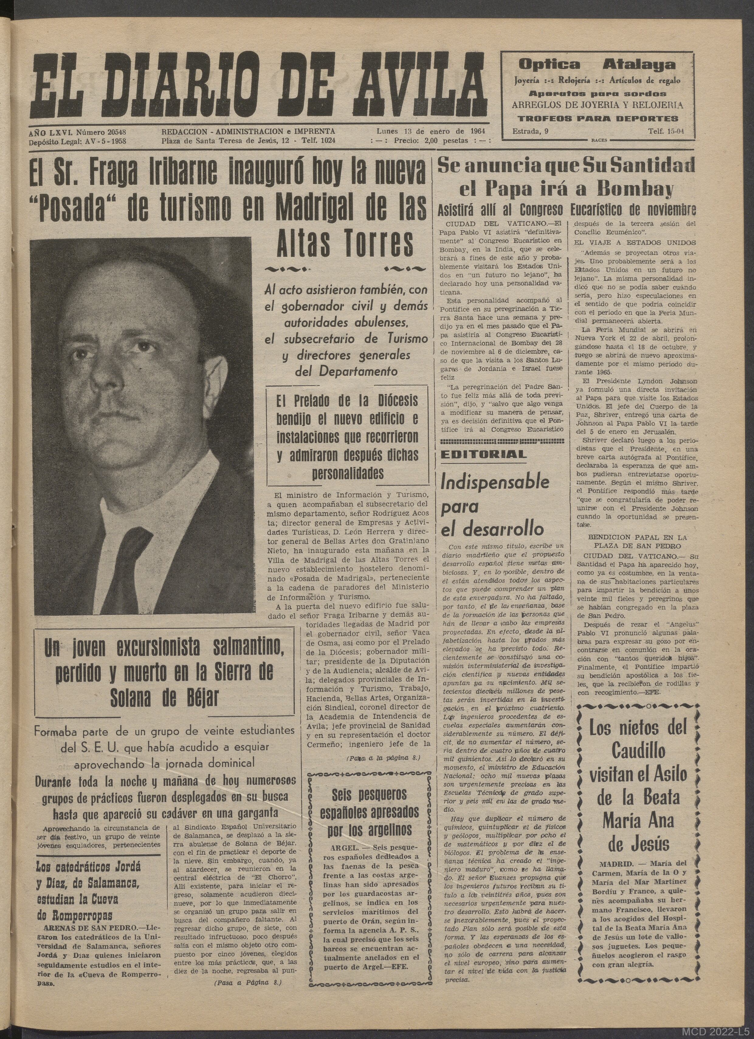 Portada de El Diario de Ávila que informa de la inauguración de la Posada de Madrigal