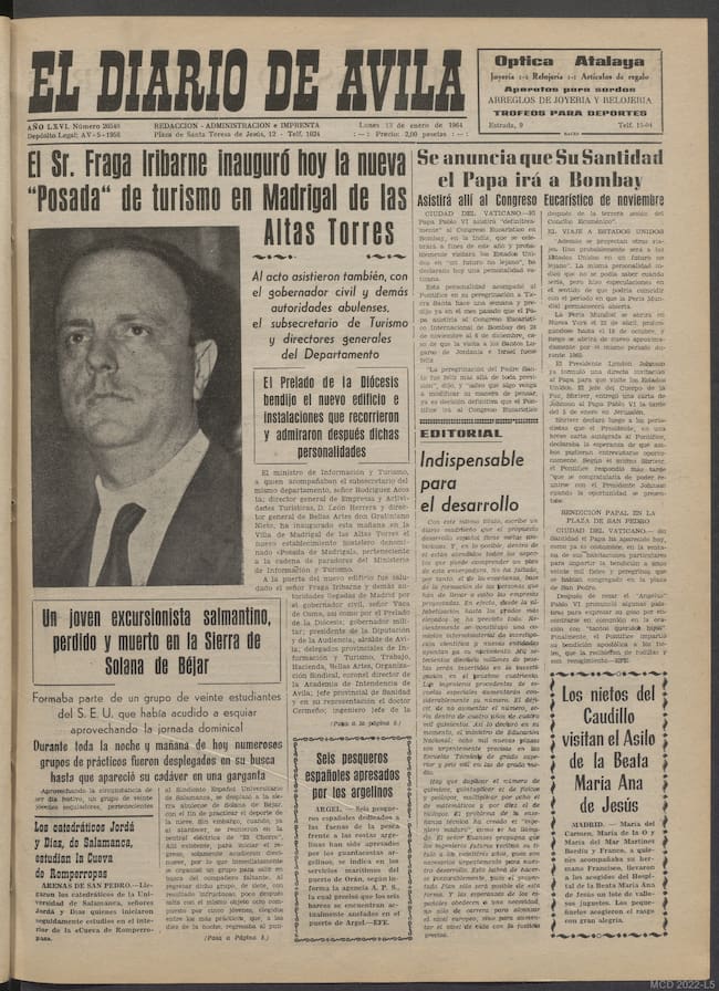 Portada de El Diario de Ávila que informa de la inauguración de la Posada de Madrigal