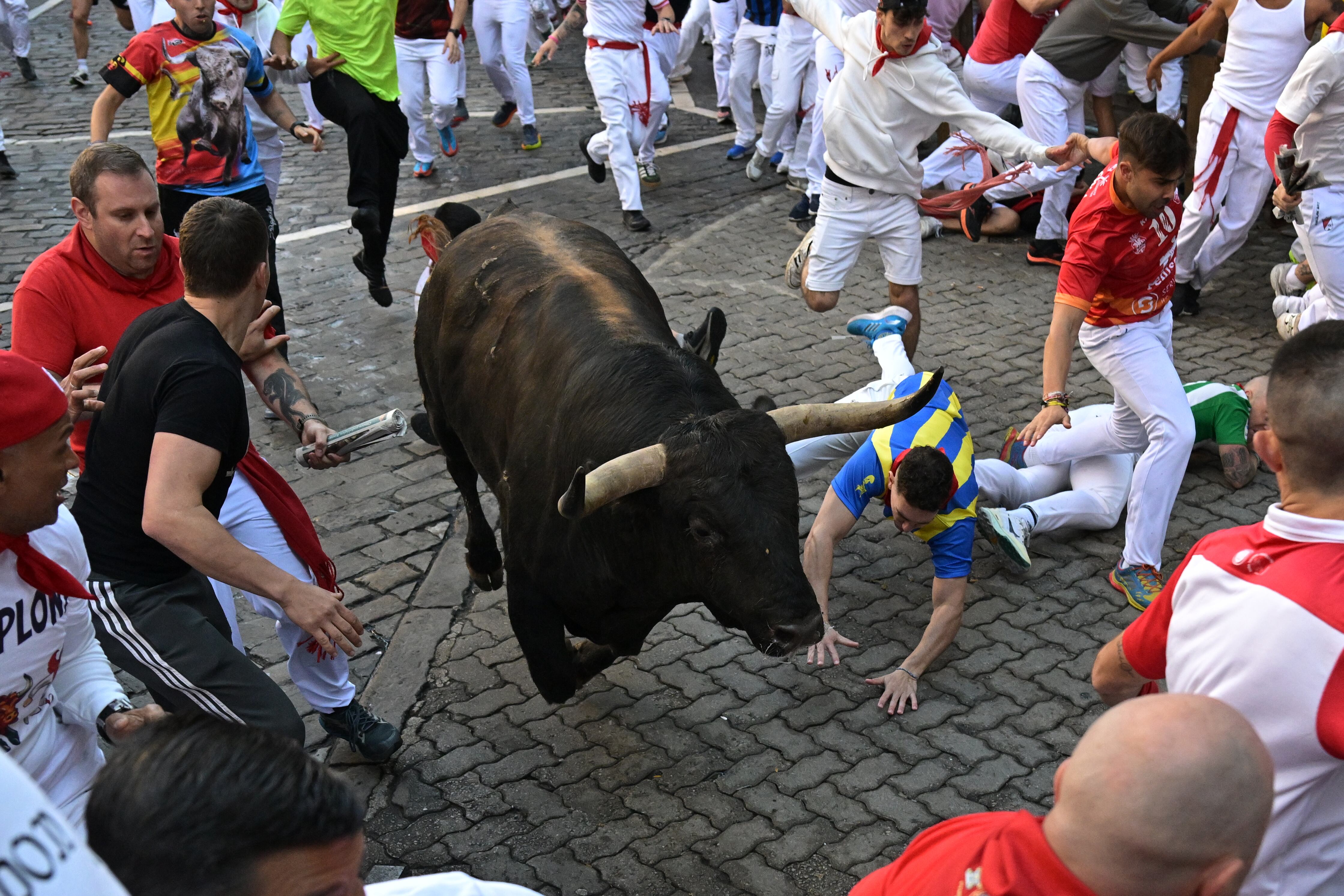 PAMPLONA, 07/07/2024.- Encierro de los Sanfermines este domingo en el Día de San Fermín, copatrón de Pamplona, ciudad que celebra los Sanfermines, Fiesta de Interés Turístico Internacional, hasta el próximo 14 de julio. EFE/ Daniel Fernández