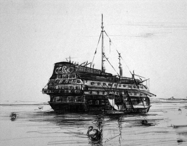 Dibujo de un pontón fondeado