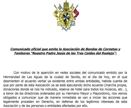 Comunicado de la banda donde declara que iniciará acciones legales contra Las Aguas de Sevilla