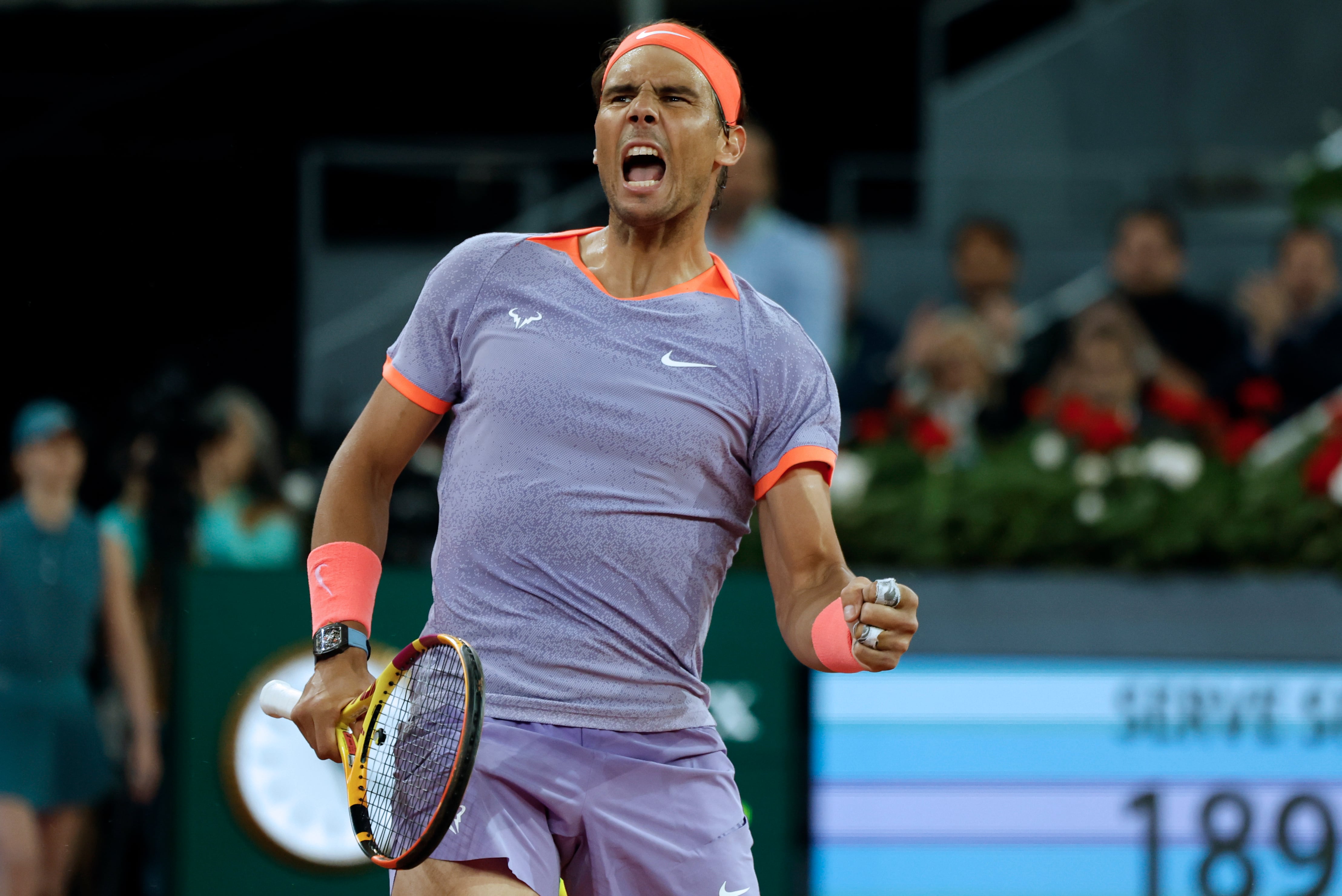 MADRID, 27/04/2024.- El tenista español Rafa Nadal durante su partido ante el australiano Alex de Miñaur, de segunda ronda del Masters 1000 de Madrid este sábado en la Caja Mágica. EFE/ Sergio Pérez
