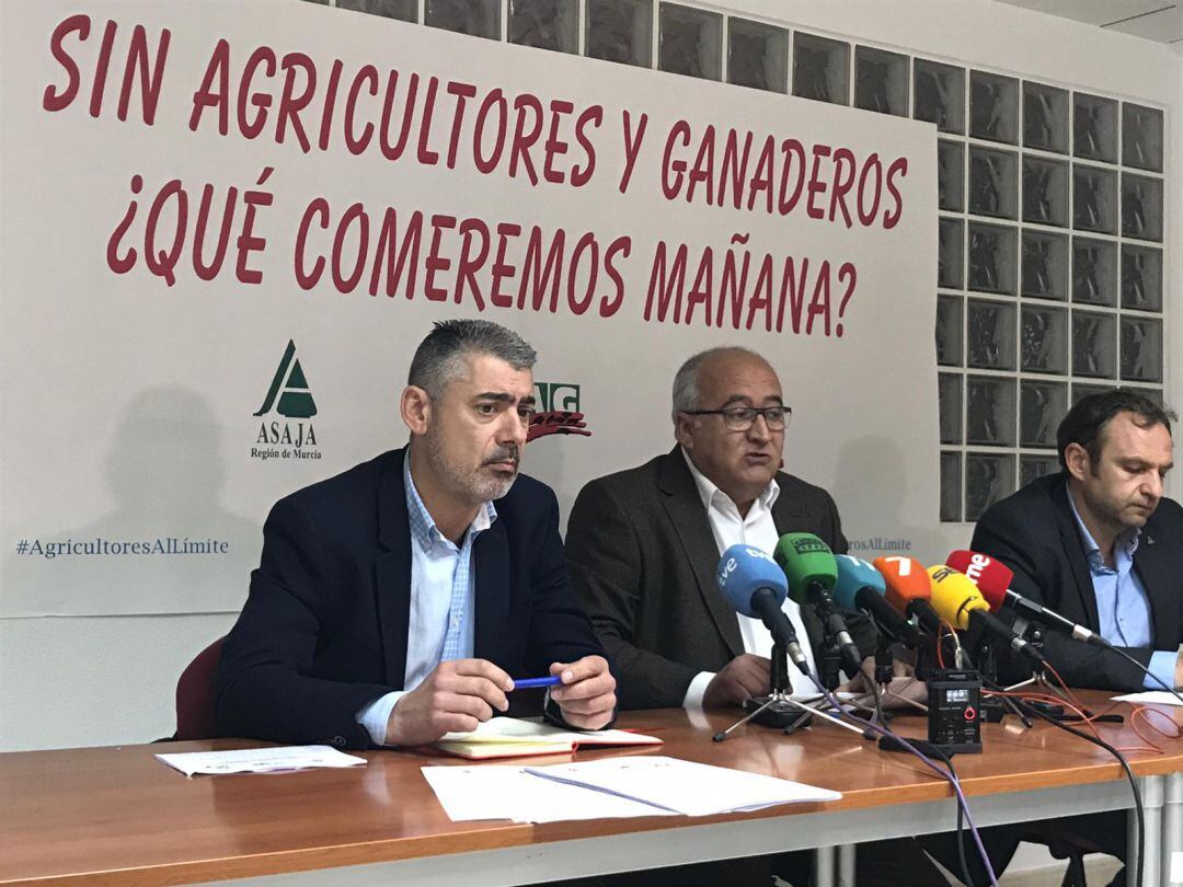 Marcos Alarcón, de UPA; Miguel Padilla, de COAG, y Alfonso Gálvez, de Asaja, durante la rueda de prensa en la que han anunciado la convocatoria de una manifestación para el 21 de febrero