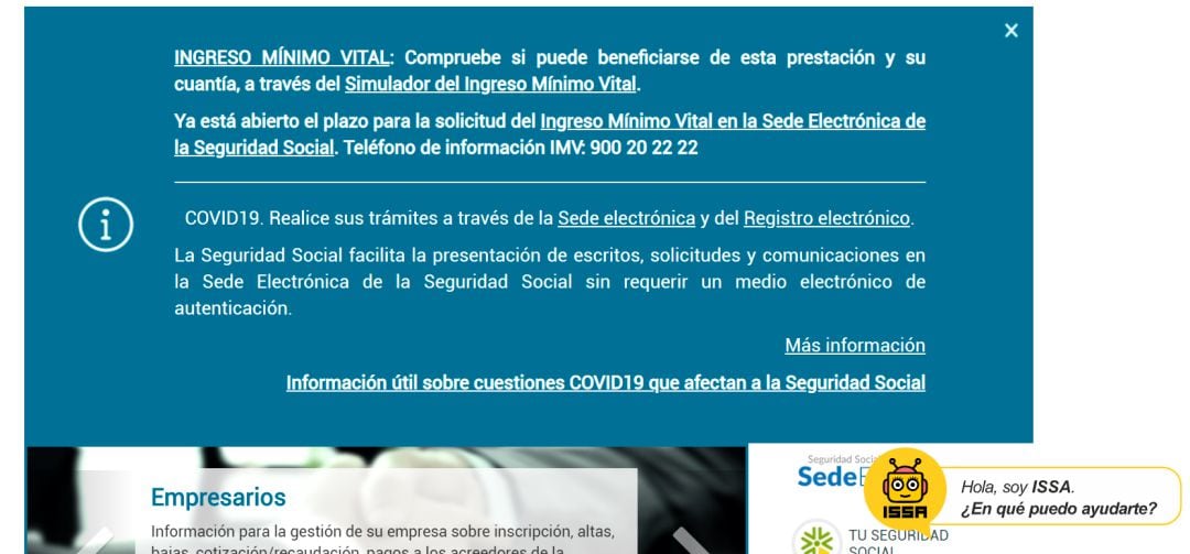 Entrada a la Web de la Seguridad Social donde informa de la solicitud del Ingreso Mínimo Vital y nos aparece el asistente ISSA