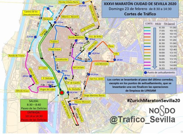 Recorrido del maratón de Sevilla, con las afecciones de tráfico