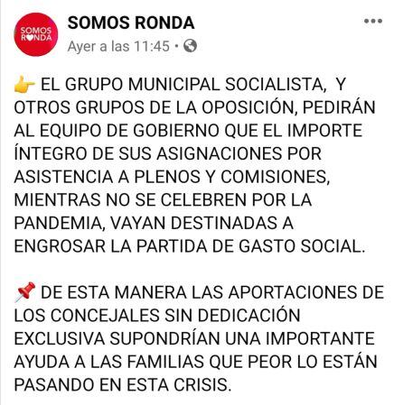 Comunicado del PSOE de Ronda en Facebook