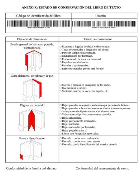 Ficha que deben rellenar los centros educativos sobre el estado de los libros de texto prestados