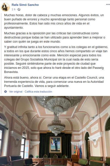 Desdepedida del nuevo presidente de la Autoridad Portuaria de Castellón en sus redes sociales.