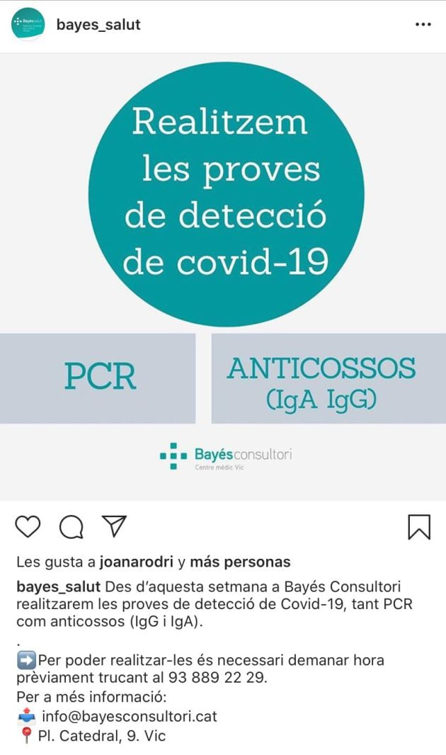 Captura d&#039;un anunci de la realització de proves de detecció de cCovid-19