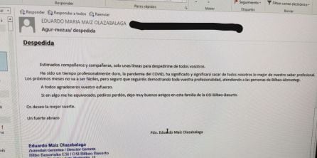 Comunicado en el que el director gerente de Basurto se despide de los trabajadores del hospital