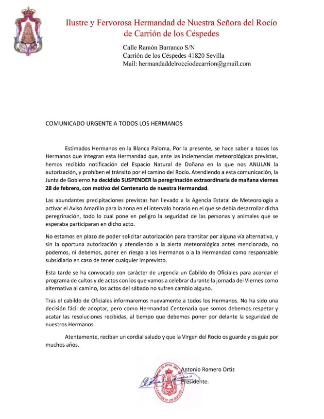 Suspensión de la peregrinación extraordinaria de la Hermandad del Rocío de Carrión