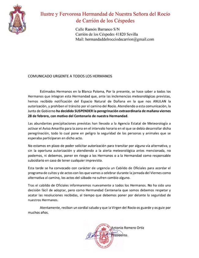 Suspensión de la peregrinación extraordinaria de la Hermandad del Rocío de Carrión