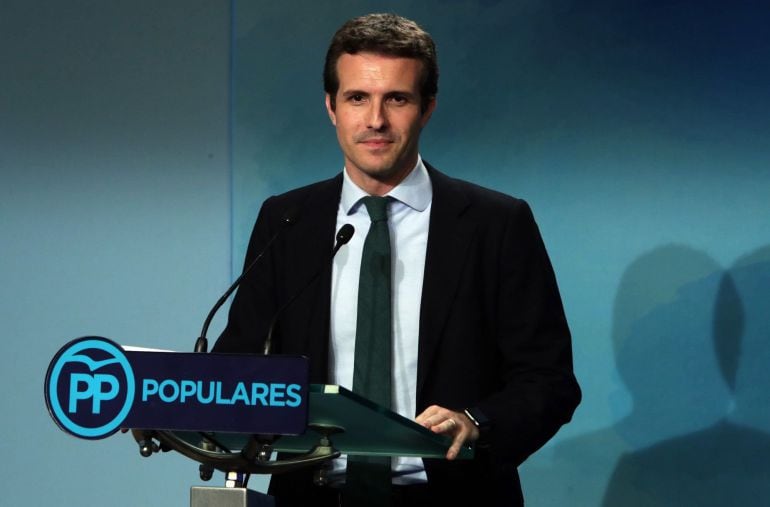 Pablo Casado, en la rueda de prensa posterior a la primera vuelta de la votación para elelgir al nuevo líder del PP 