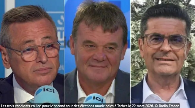 Los tres candidatos que se juegan hoy la alcaldía de Tarbes: Claverie, Peyrège y Garnier (Foto: Radio France)