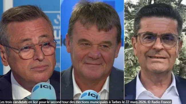 Los tres candidatos que se juegan hoy la alcaldía de Tarbes: Claverie, Peyrège y Garnier (Foto: Radio France)