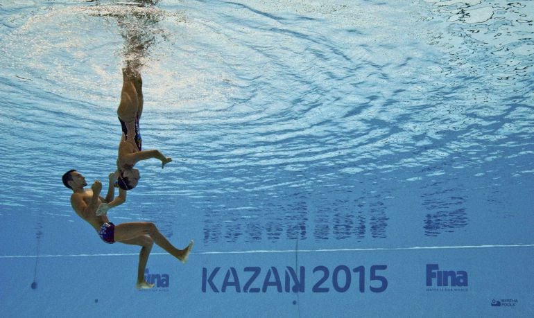 Gemma Mengual y Pau Ribes, durante la prueba preliminar del dúo mixto en el Mundial de Kazan