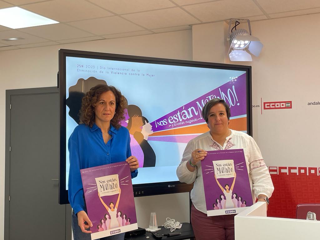 Nuria López, secretaria general de CCOO Andalucía, y Patricia Laguna, secretaria de la Mujer, en la sede de este sindicato