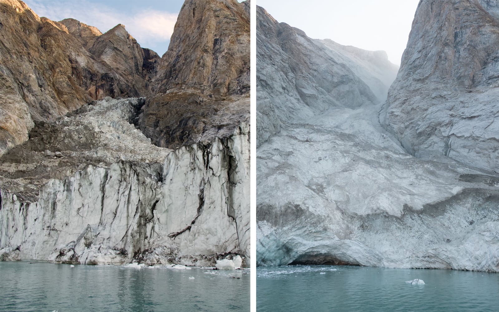 De izquierda a derecha: fotografías antes (agosto de 2023) y después (septiembre de 2023) del pico de la montaña y el glaciar, tomadas desde el fiordo.