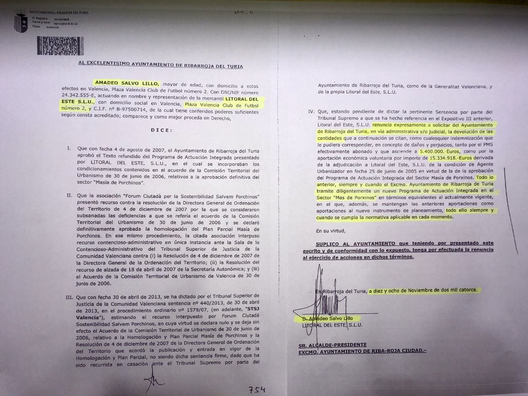 Documento completo firmado por Amadeo Salvo caso Porxinos.