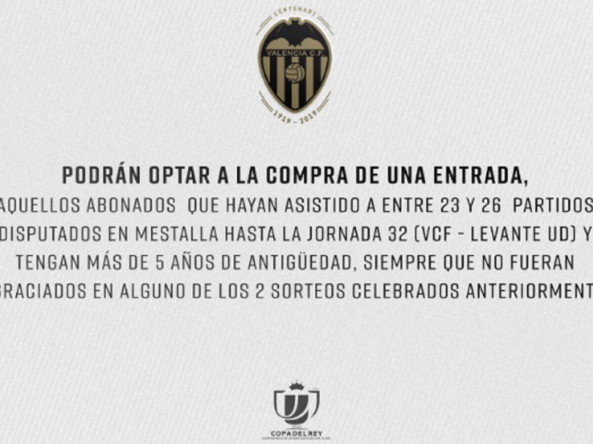 El Valencia vende este lunes las úlitmas 1.529 entradas para la final de Copa