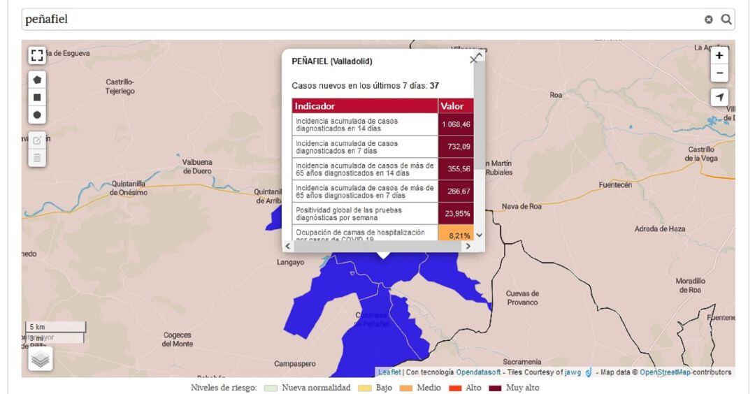 Mapa de contagios de Peñafiel en la últimas semana según el Servicio de Epidemiolgía de la Junta.