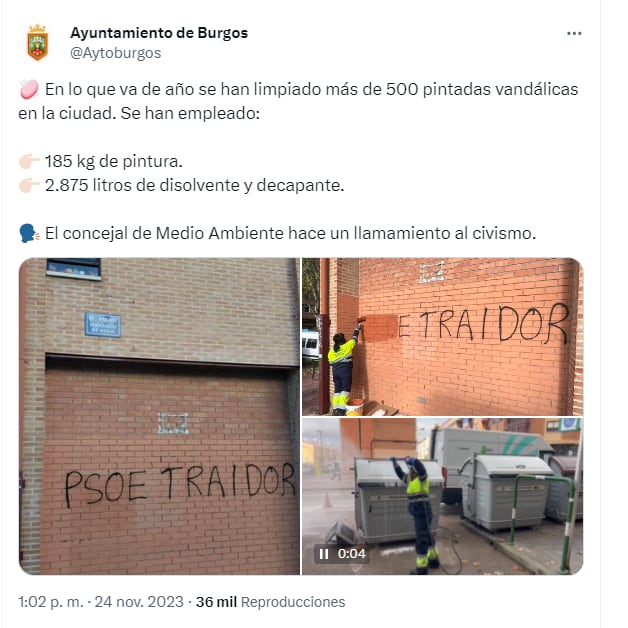 Post de la cuenta de X del Ayuntamiento de Burgos donde se informa de la limpieza de grafitis