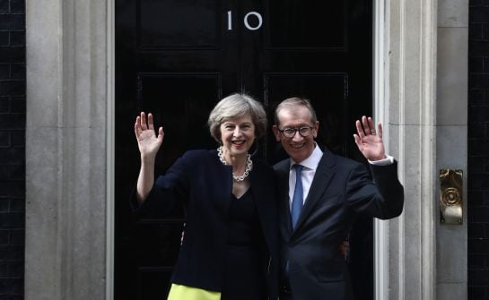 LONDON, ENGLAND - JULY 13: British Prime Minister Theresa May and husband Philip May wave outside 10 Downing Street on July 13, 2016 in London, England. Former Home Secretary Theresa May becomes the UK&#039;s second female Prime Minister after she was selected