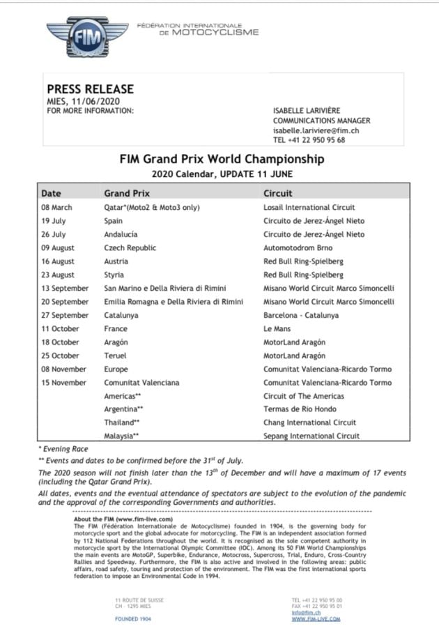 Calendario Mundial 2020 motociclismo.