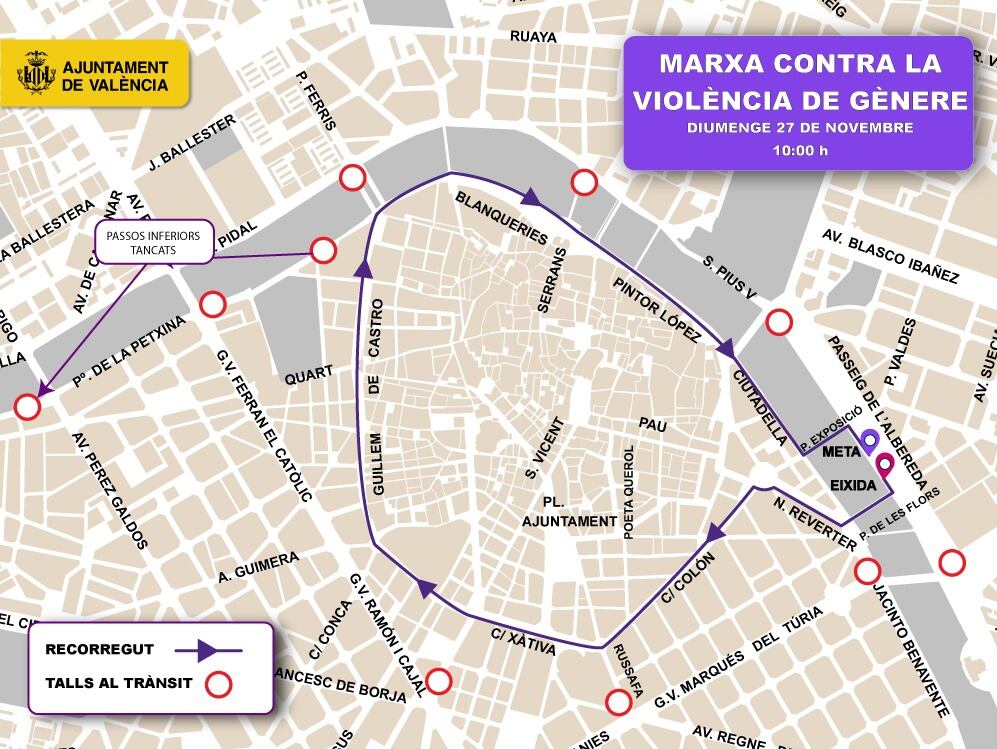 Mapa de cortes de tráfico en la marcha contra la violencia de género de este domingo en València.