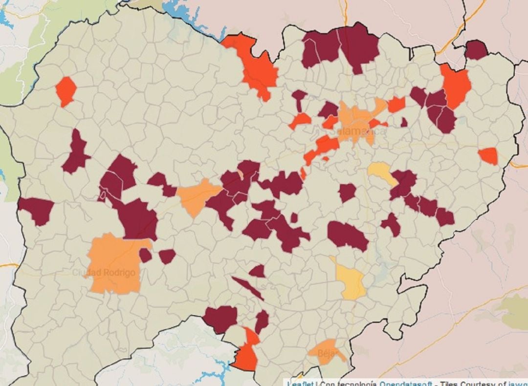 Mapa de la incidencia acumulada en la provincia de Salamanca