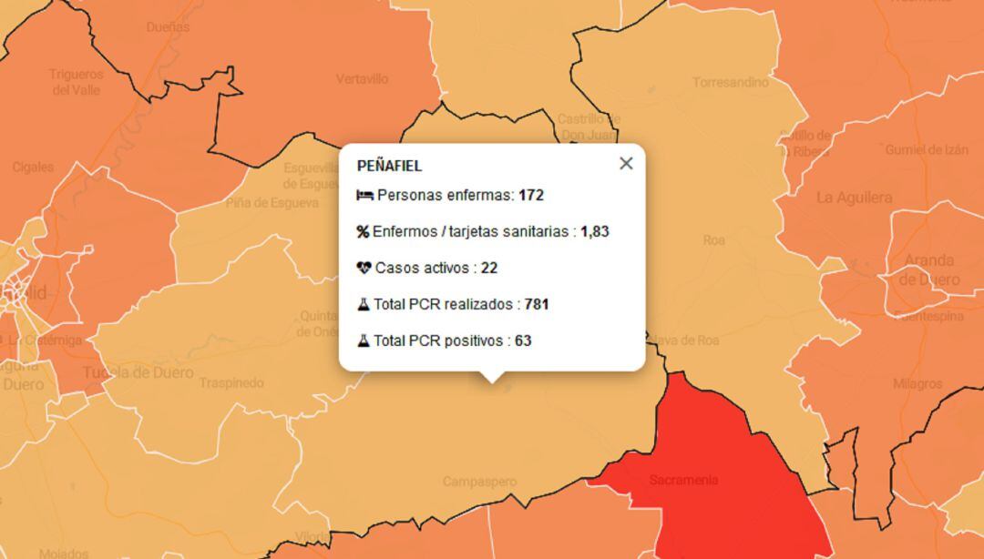Mapa de datos sobre la actual afección del Covid-19 en la Zona Básica de Peñafiel.
