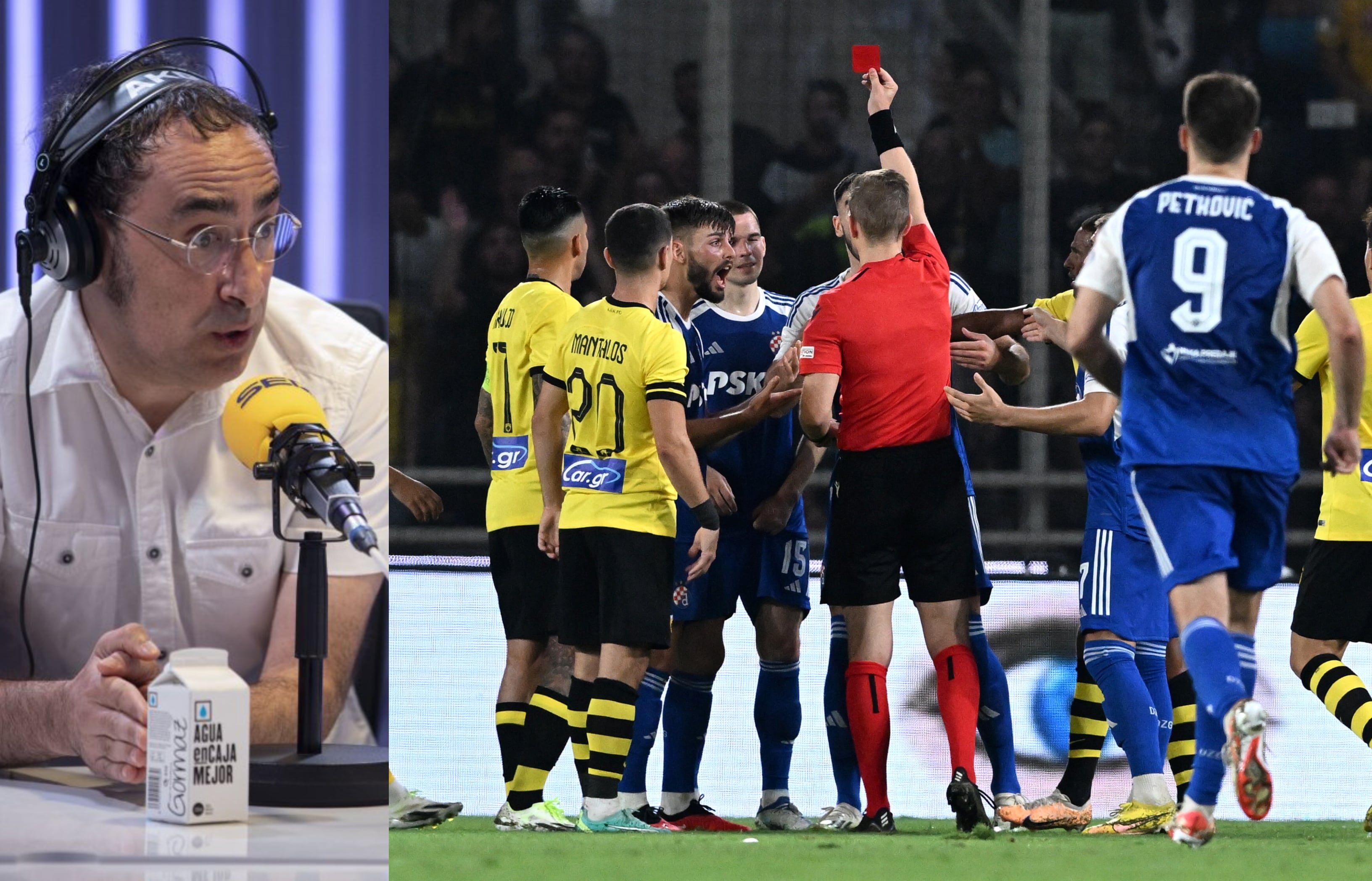 Iturralde, en el estudio de la SER, junto a una fotografía de una expulsión en Champions League