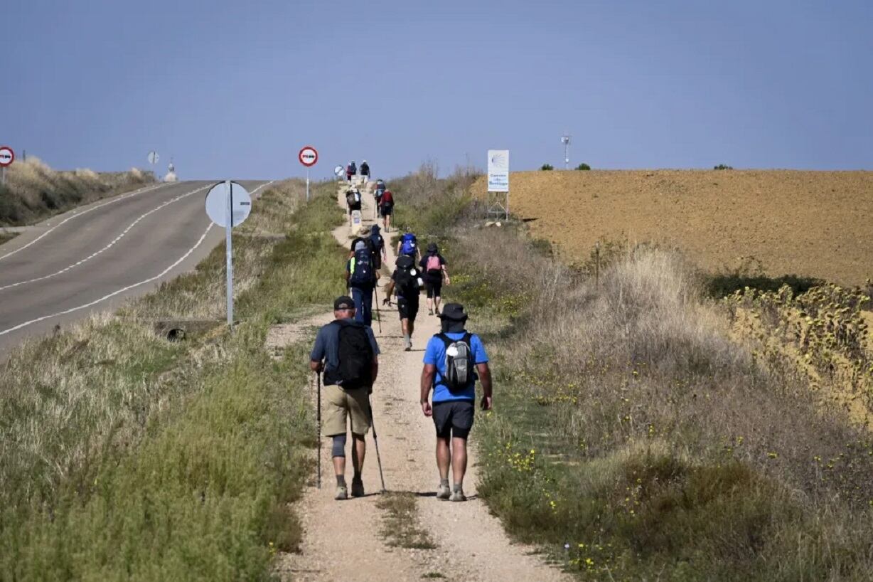 Peregrinos haciendo un tramo del Camino de Santiago Francés entre las localidades jacobeas de Villalcázar de Sirga y Carrión de los Condes.