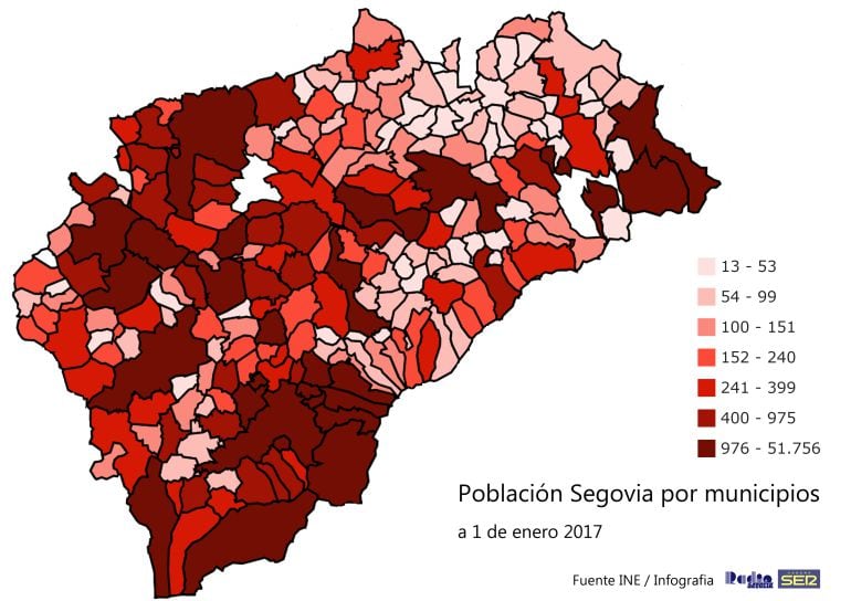 Mapa población por municipios Segovia a 1 enero 2017