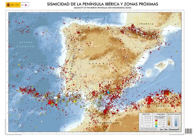 Mapa general de sismicidad de la Peninsula Iberica. La información sísmica proviene de la base de datos del Instituto Geográfico Nacional actualizada al año 2015