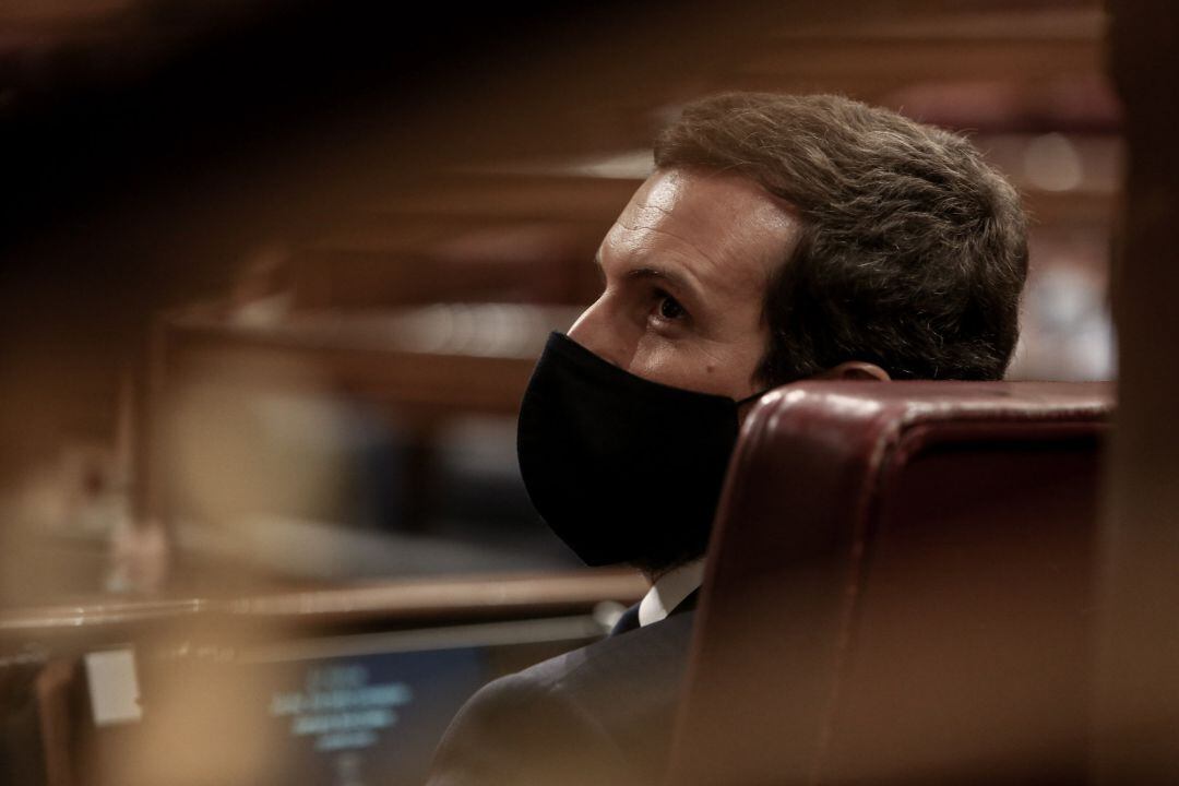 El líder del PP, Pablo Casado, durante una sesión plenaria