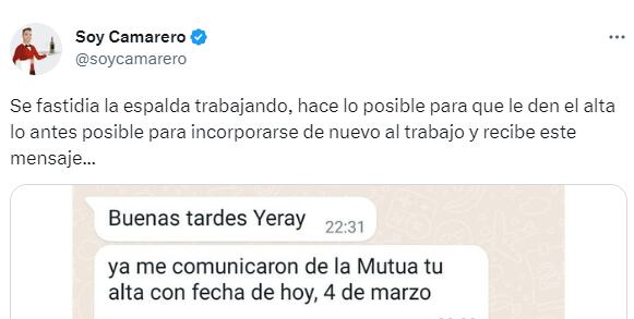 El tweet que recoge lo vivido por un camarero publicado por @SoyCamarero