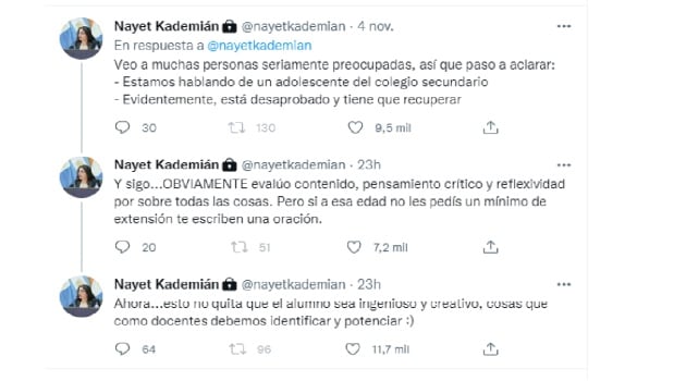 Captura del hilo de tuits de la profesora Nayet Kadeiman.