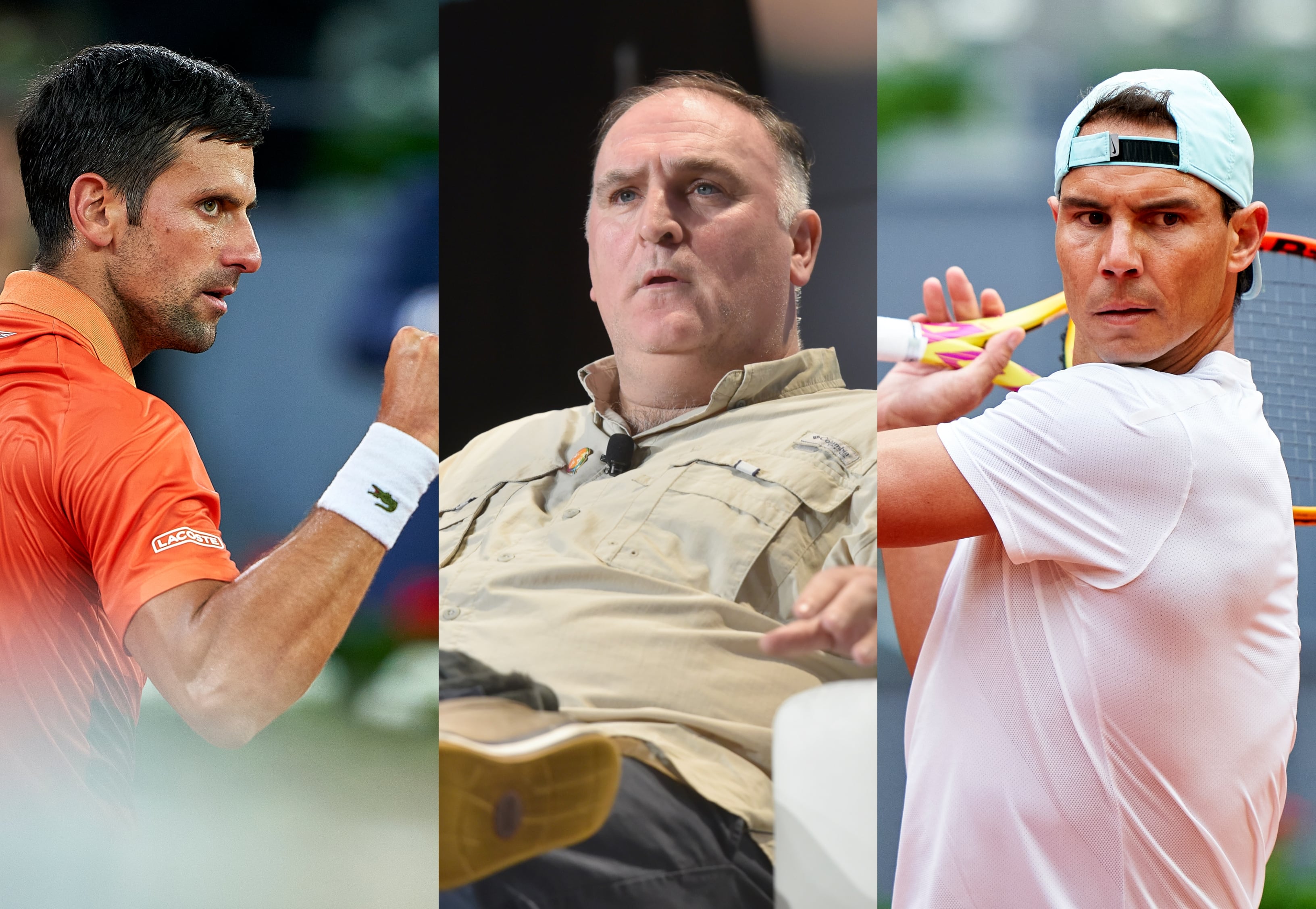 El chef José Andrés en el centro, a la izquierda Djokovic y a la derecha Nadal